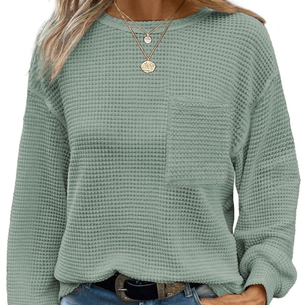 Waffle Knit Long Sleeve Top - Sage Green